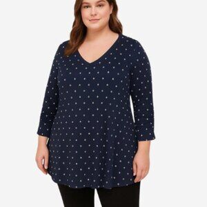 Lane Bryant Tunic Top Women's 18/20 Navy/White Diamonds Ruched Cuff Stretch